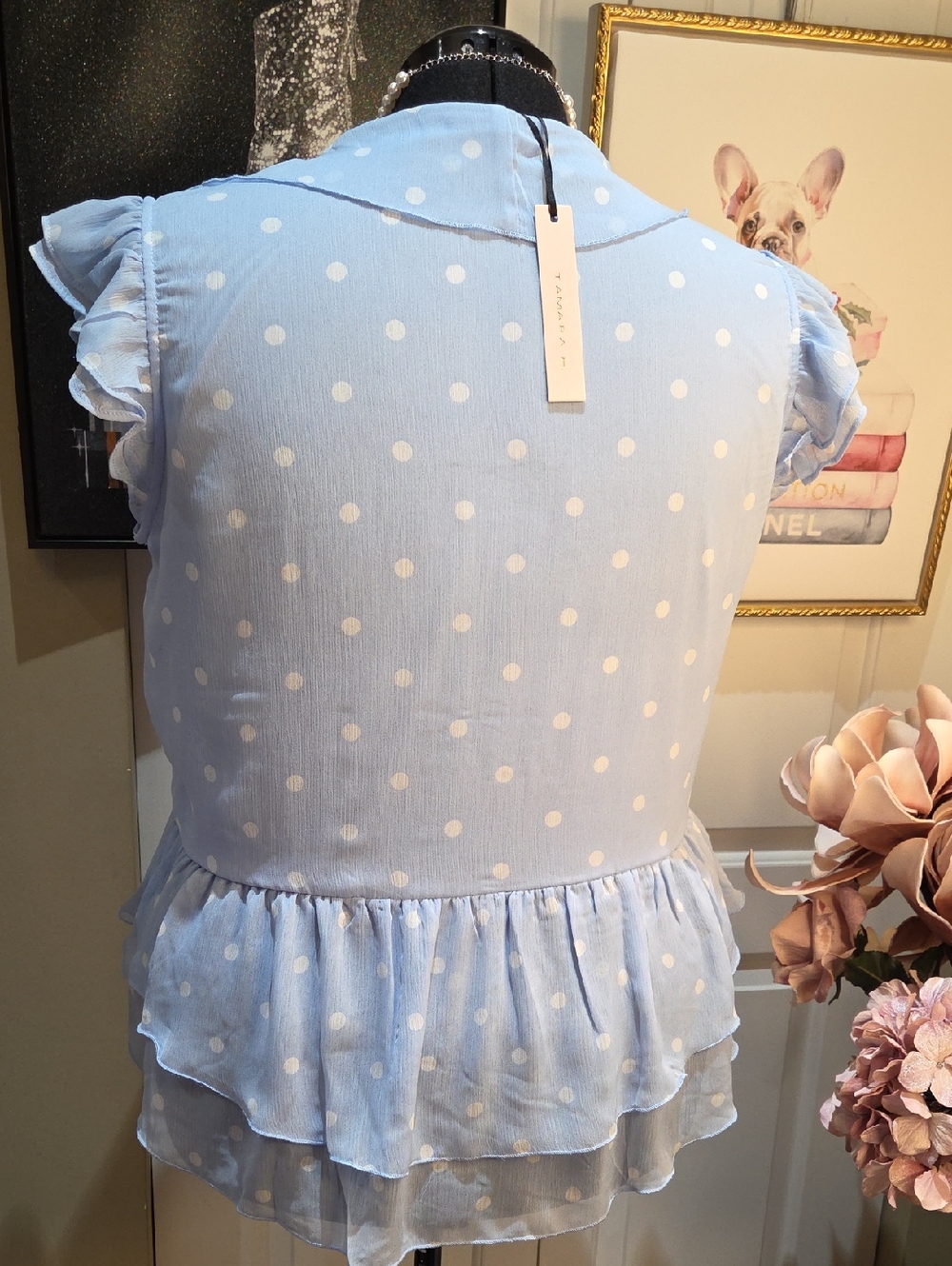Nwt 1X & 3X Tamara H Women's Light Blue Polka Dot Ruffle Tie-Front Blouse - Picture 5 of 14